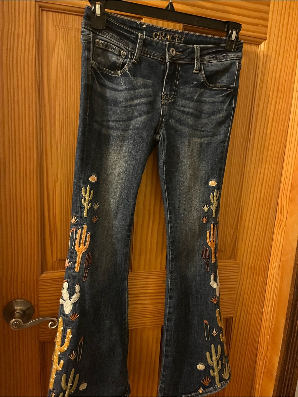 Grace Dark Blue Flare Jeans with Colorful Cactus Embroidery